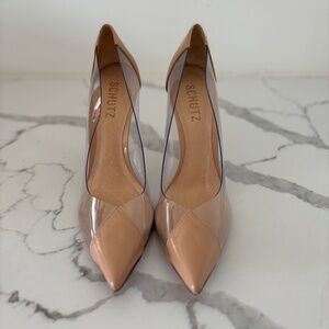 Schutz high heel see through and beige heel.